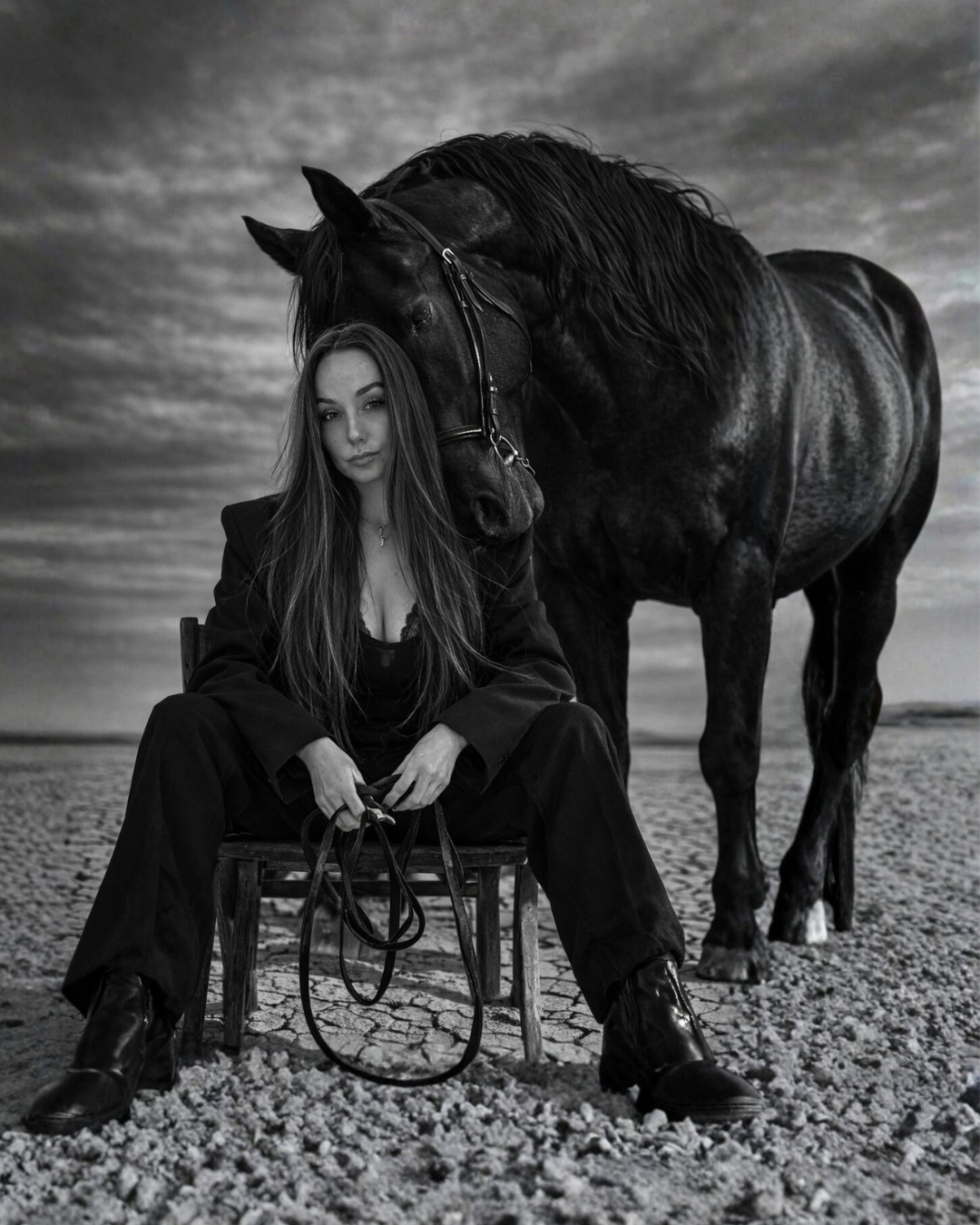 Adrianna seated beside a black horse
